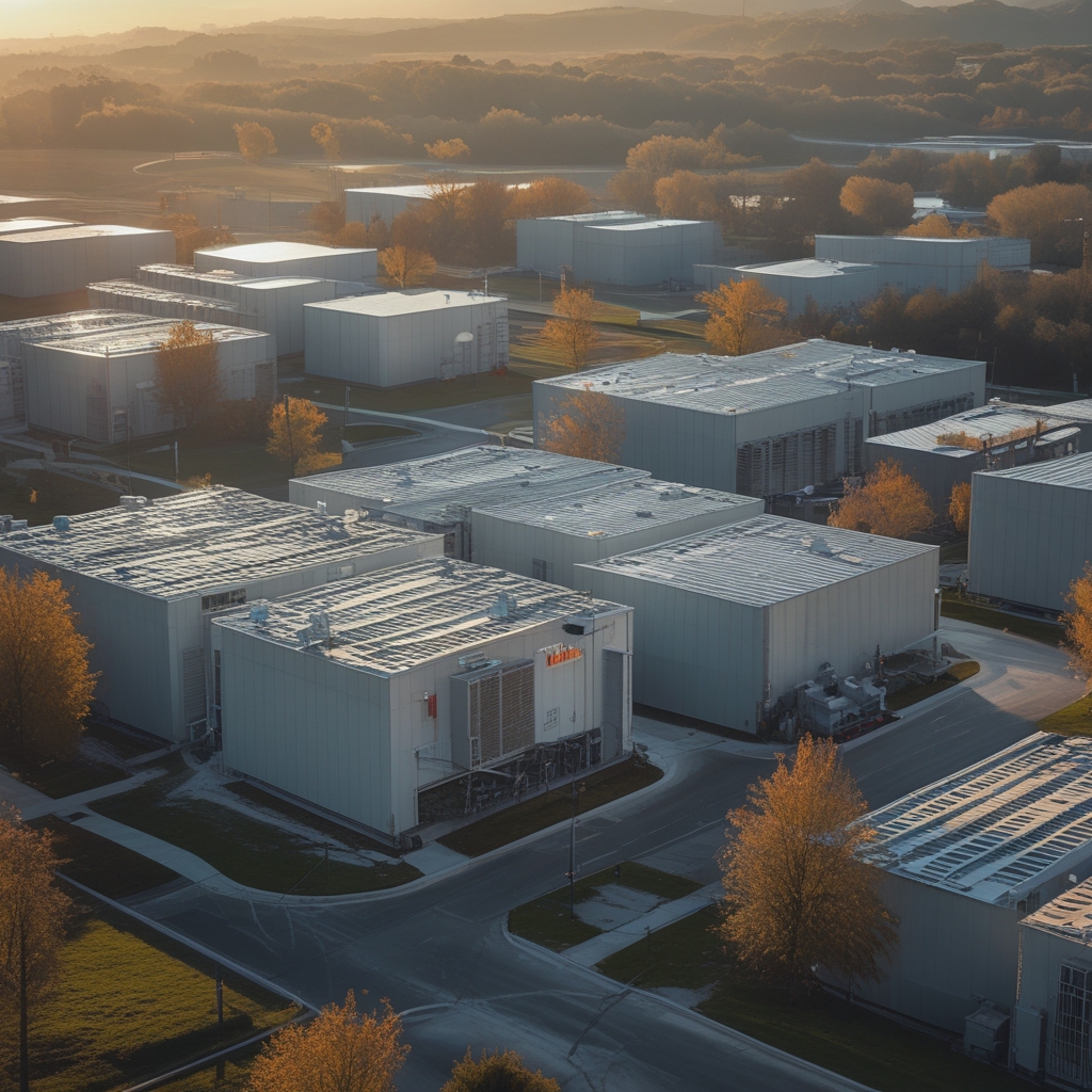 Vista aerea di un campus di data center con edifici modulari allineati, struttura geometrica industriale con uscite di ventilazione sui tetti, luce diurna
