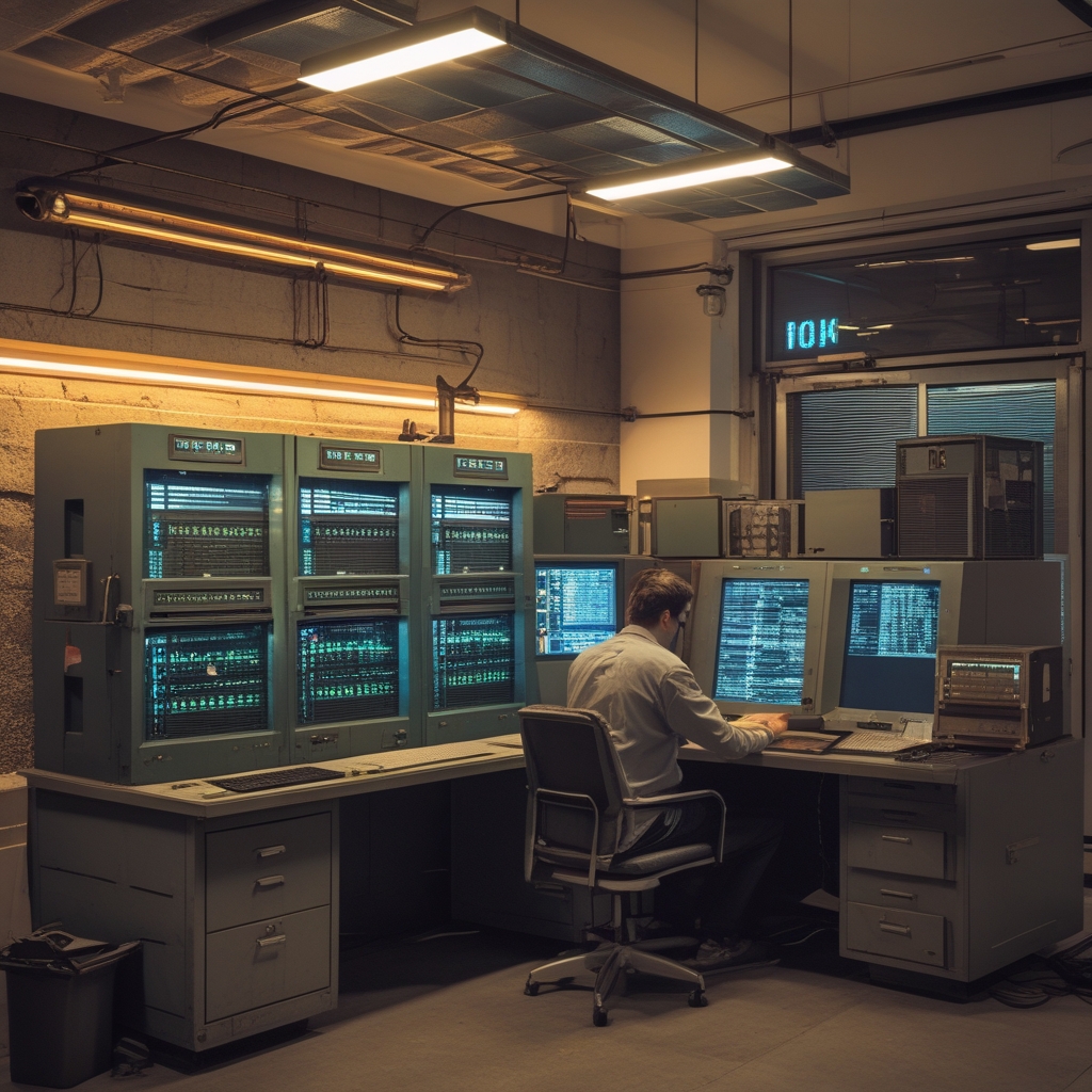 Sala server storica con mainframe IBM degli anni Ottanta, pannelli di comando metallici grigi e indicatori analogici, illuminazione vintage al neon