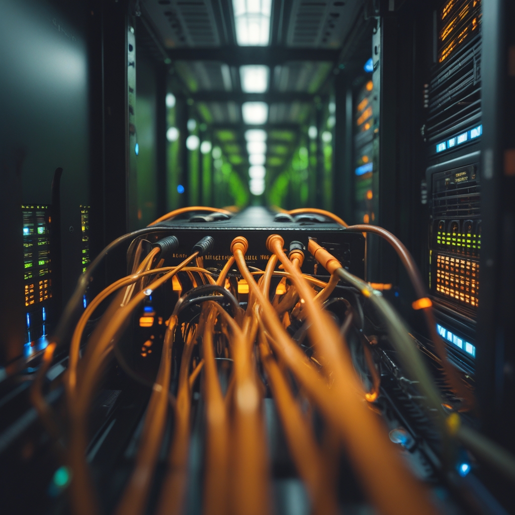 Cavi in fibra ottica che emergono da un pannello patch in un data center, fasci di luce arancione e verde su sfondo scuro, macro di precisione