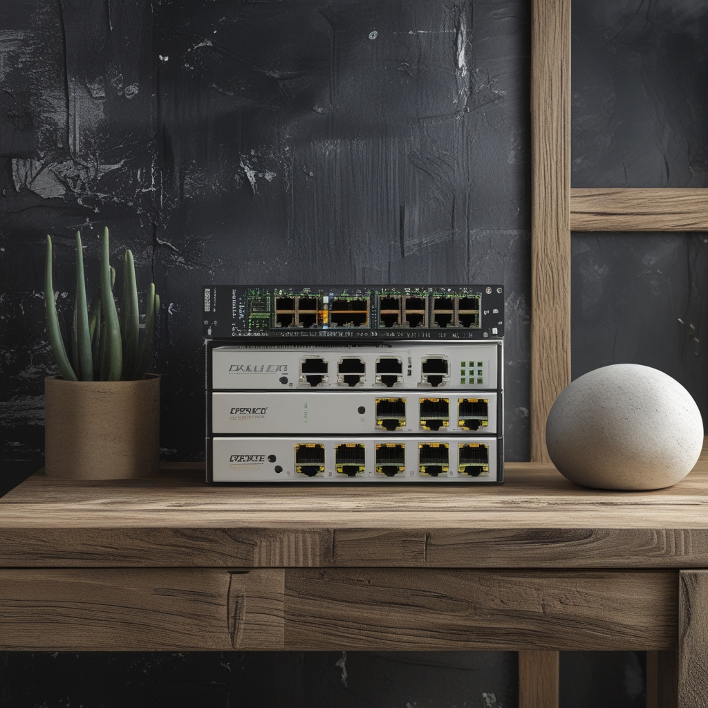 Primo piano di porte di uno switch Ethernet ad alta densità con LED di stato accesi, cablaggio strutturato ordinato, sfondo indigo scuro con texture metallica