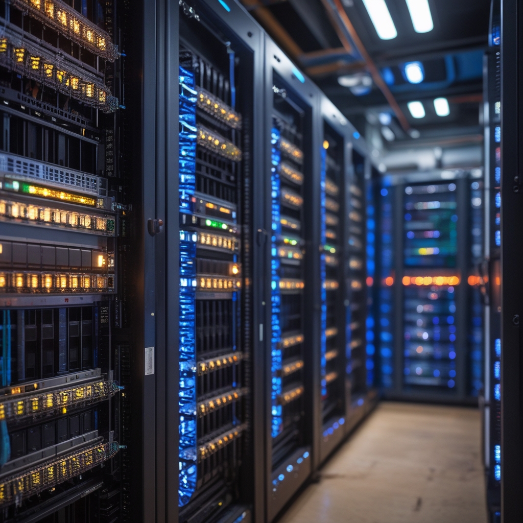 Rack server in un data center moderno con cavi di rete multicolori perfettamente ordinati, luci LED blu e bianche, atmosfera tecnica industriale