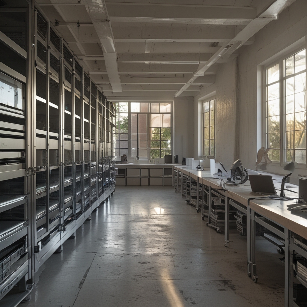 Array di unità disco rigido ad alta capacità estratte da un sistema di storage enterprise, superfici metalliche riflettenti in una griglia ordinata, illuminazione da studio