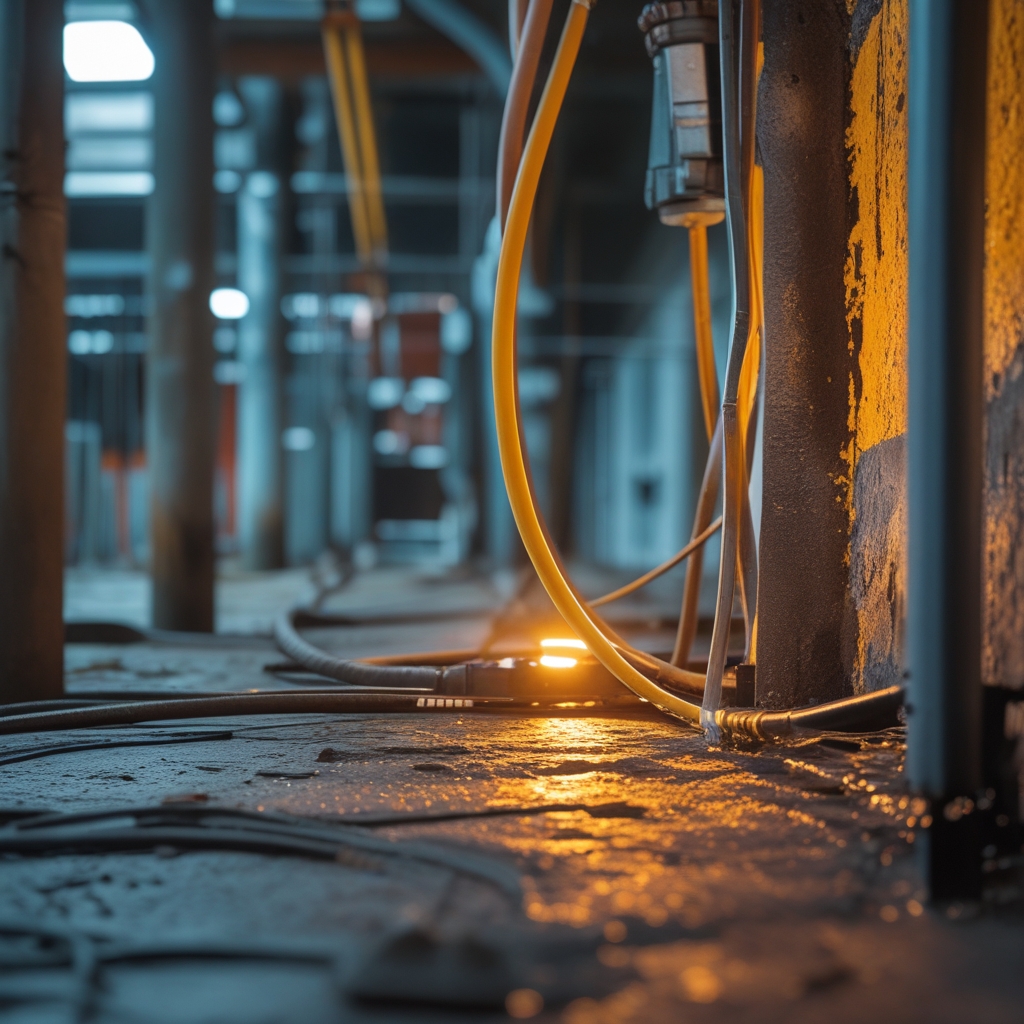 Stazione di distribuzione di rete sotterranea con cavi in fibra ottica sigillati in condotti metallici, illuminazione industriale gialla in galleria tecnica