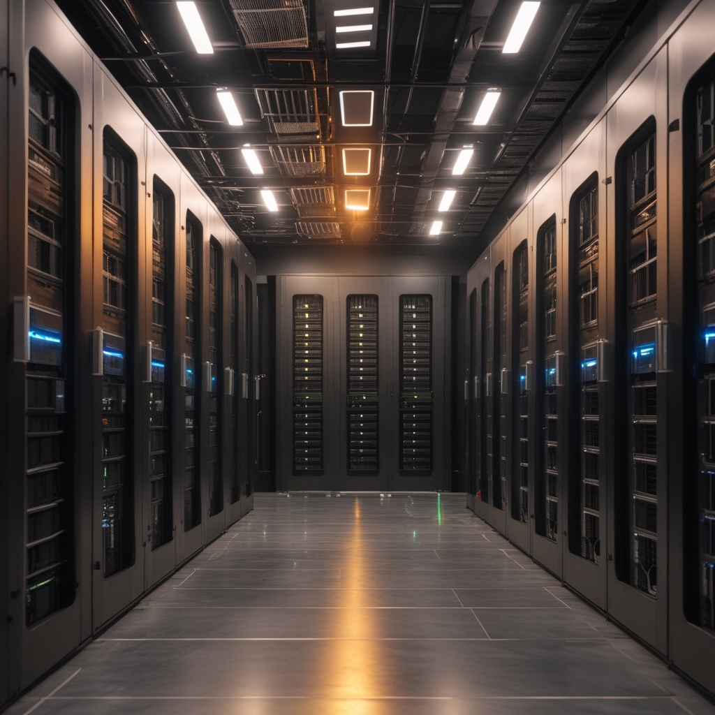 Interno di un moderno data center con corridoi caldi e freddi separati, pavimento sopraelevato con griglie di ventilazione, luci a soffitto riflesse su server lucidi