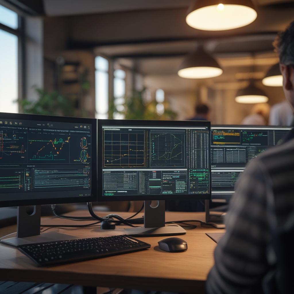 Pannello di controllo di un sistema di monitoraggio di rete con monitor multipli che mostrano diagrammi di flusso di dati, sala operativa tecnica con luci soffuse
