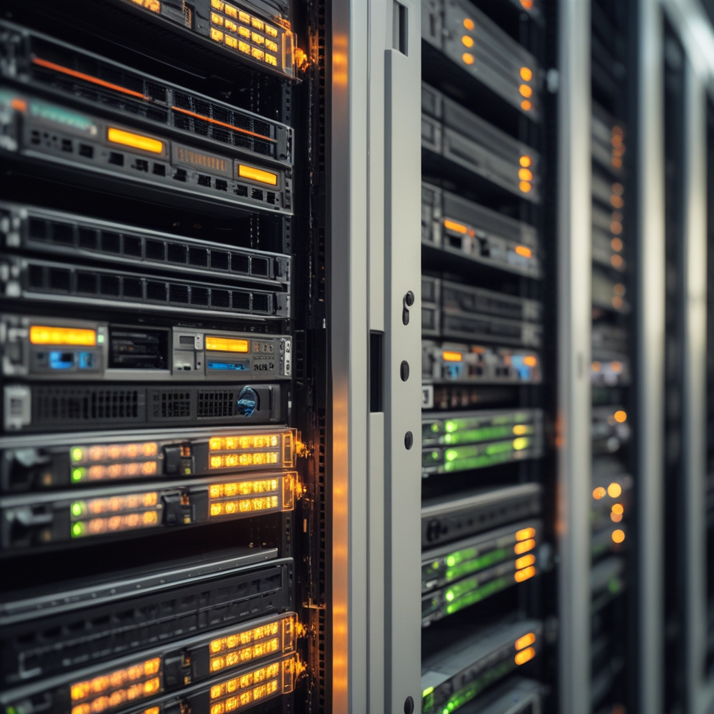 Rack di server ad alta densità con cavi di gestione ordinati e fascette colorate, illuminazione fredda dall'alto su sistemi in acciaio inossidabile