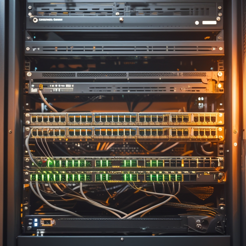 Rete di nodi di commutazione in un rack di distribuzione con cavi patch colorati, luci LED verdi e arancioni su sfondo buio del data center