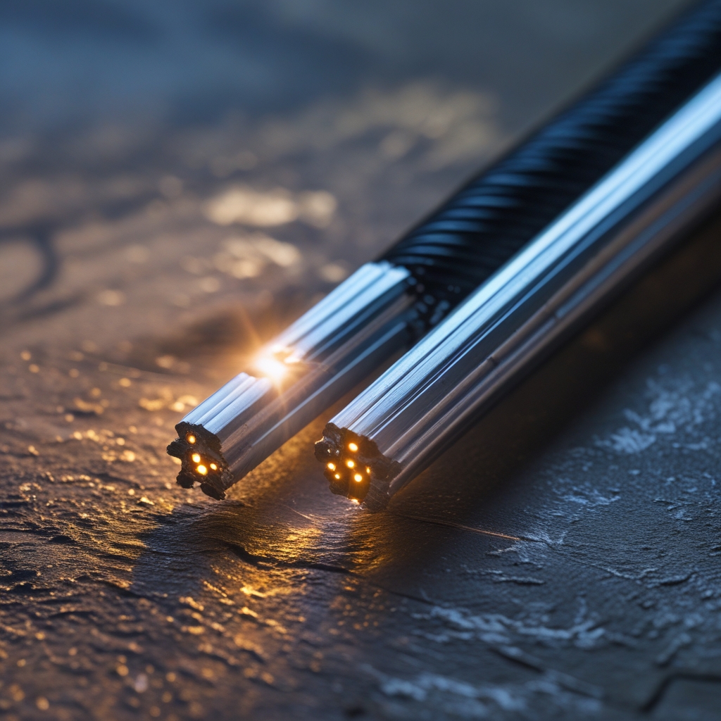 Macro fotografia di cavi in fibra ottica illuminati, fasci di luce turchese e blu intenso su sfondo scuro, texture di precisione