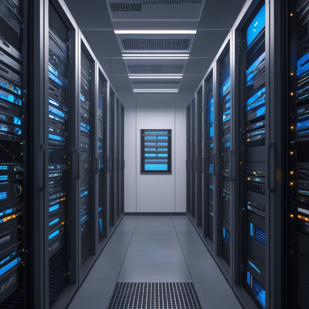 Interno di un data center moderno con file di rack server in acciaio, illuminazione blu-bianca a contrasto su corridoio di precisione