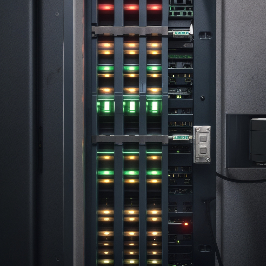 Vista macro di porte di un router di rete industriale con cavi RJ45 inseriti, segnali luminosi LED in rosso e verde, sfondo scuro con riflessi metallici