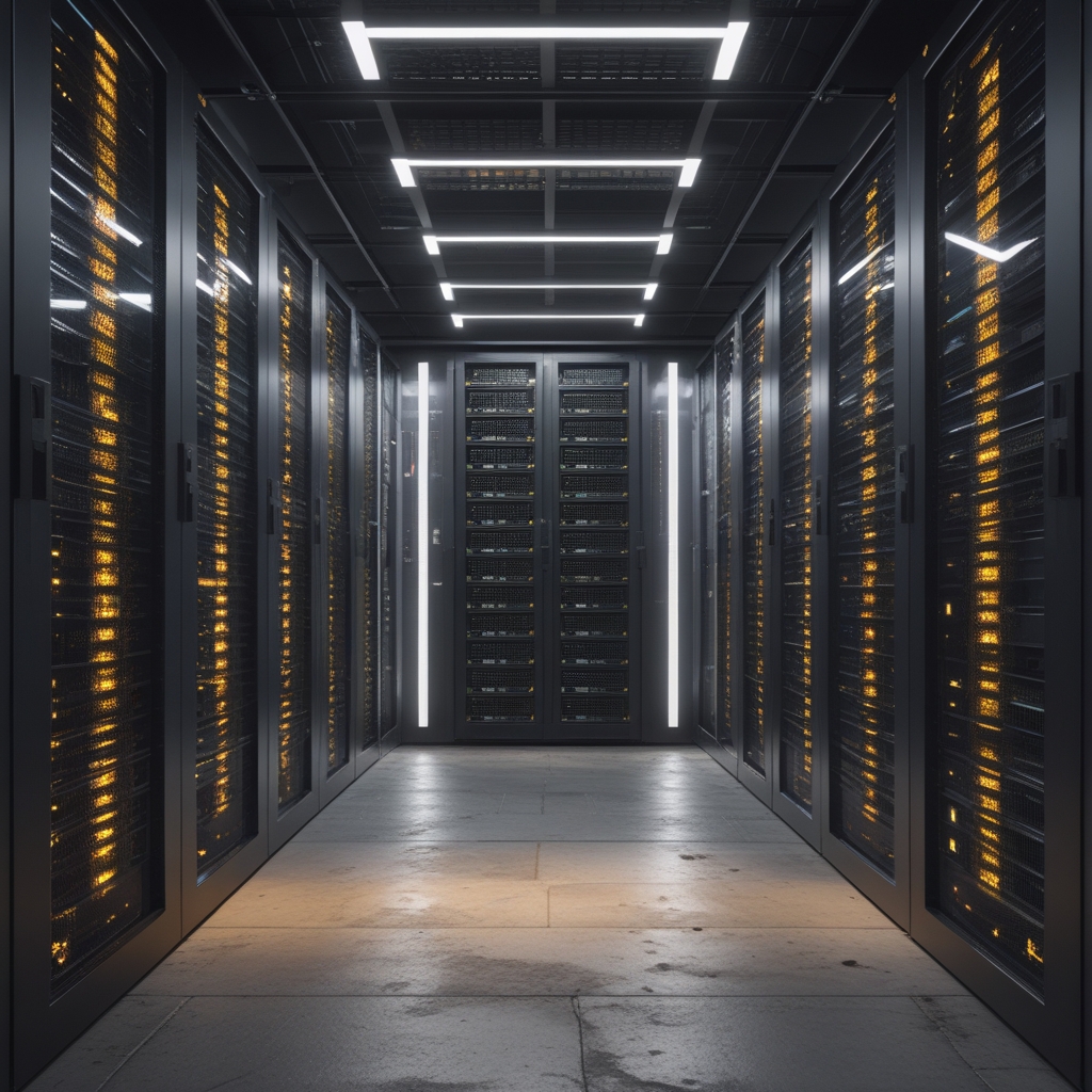 Corridoio di server rack in un data center con pavimento sopraelevato, luci fluorescenti bianche riflesse sulle superfici metalliche, prospettiva geometrica profonda