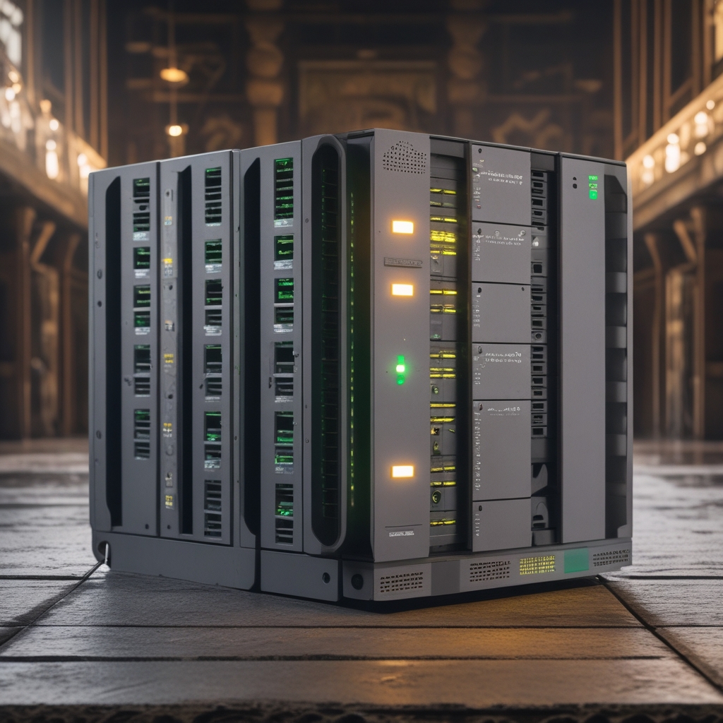 Vista frontale di uno switch di rete Cisco con porte multiple illuminate da LED verde, pannello metallico graffiato in primo piano, luce drammatica laterale