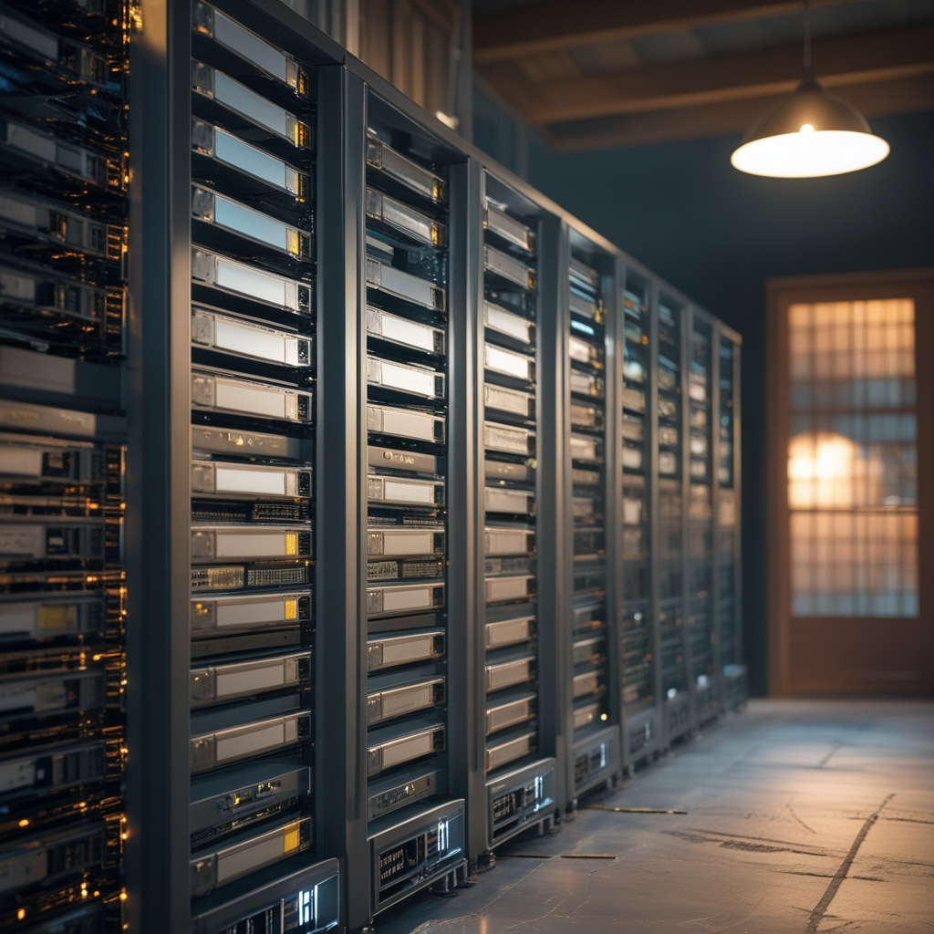 Primo piano di unità disco rigido ad alta capacità in configurazione array, superfici metalliche riflettenti con etichette tecniche, illuminazione singola diretta su sfondo scuro