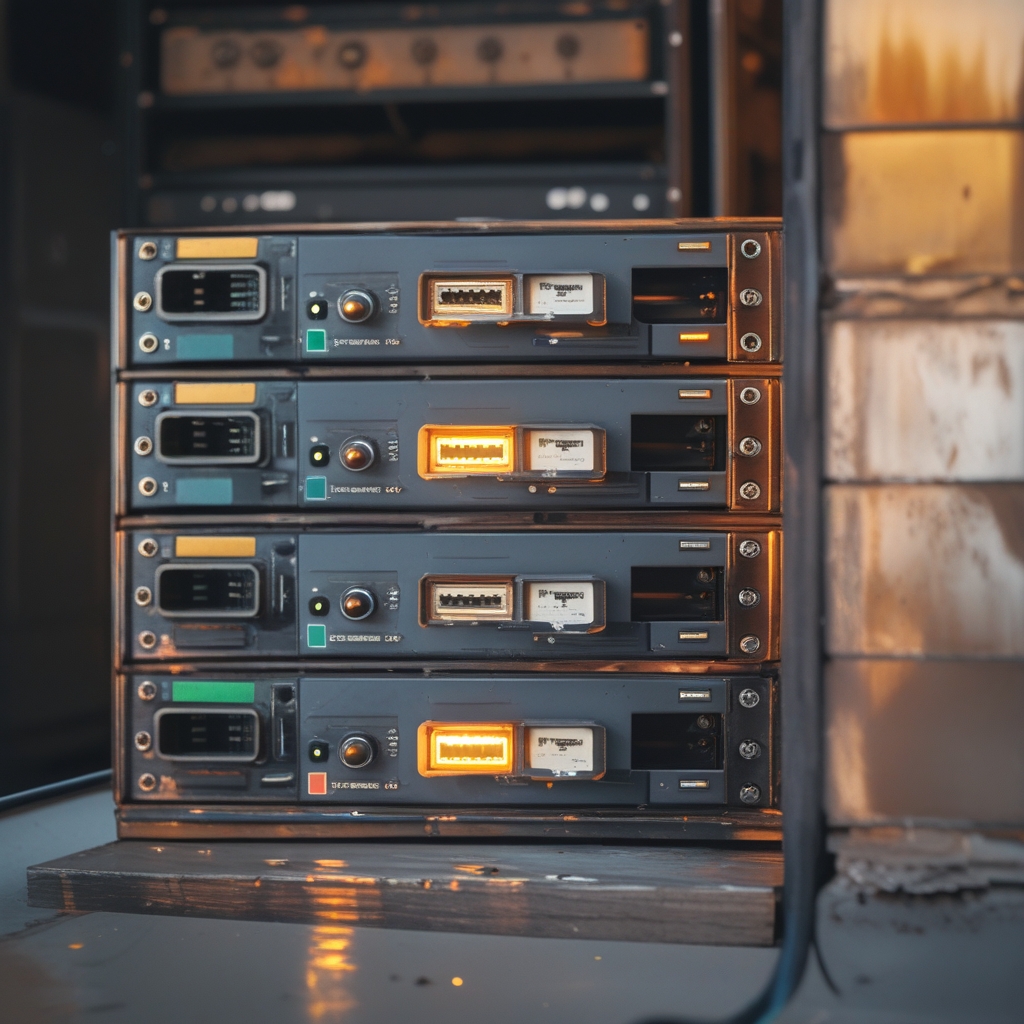 Vecchie unità server rack in acciaio grigio con indicatori LED arancioni, profondità di campo ridotta, luce calda laterale su apparecchiatura vintage